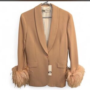 Zara light Pink Blazer with Feather Cuffs